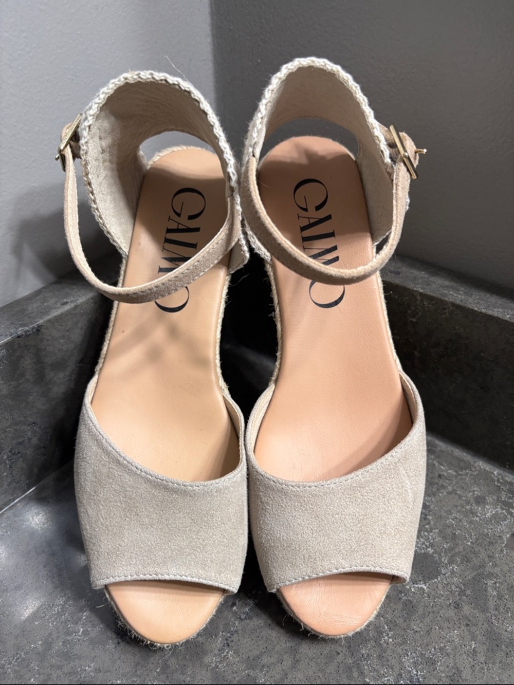 Gaimo Light Beige Suede Wedge Sandals with Ankle Strap